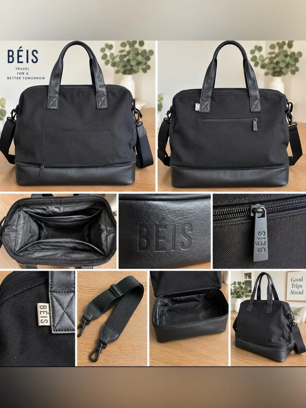 BÉIS The Weekender Black Travel Bag Overnight Carry-On Shoulder Strap